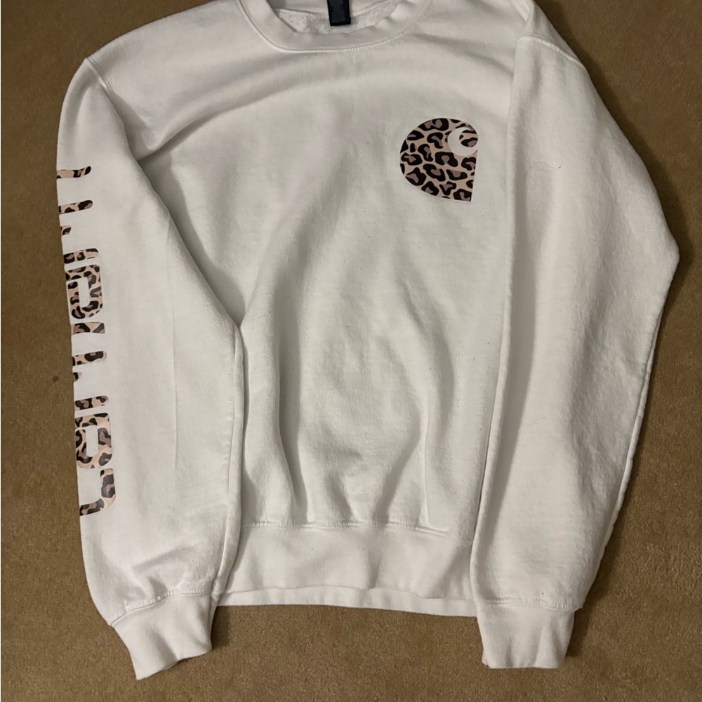 White Sweatshirt with Leopard Print Accents